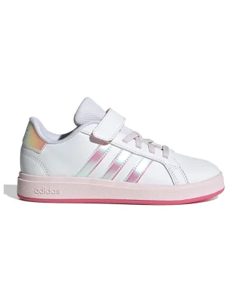 Pantofi sport din piele ecologica cu velcro Grand Court, Alb/Roz deschis