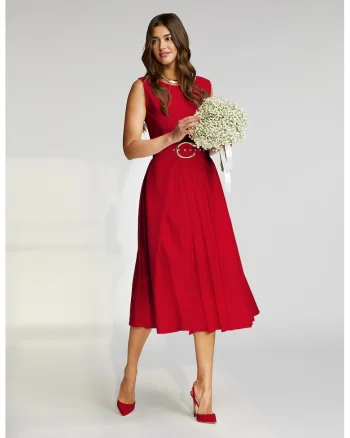 Rochie midi cu croiala in A si curea Vienna, Rosu inchis