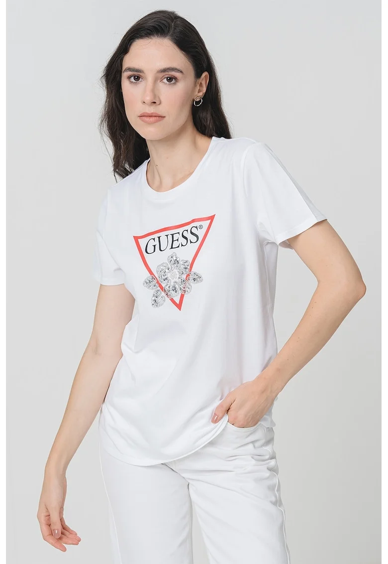 Tricou cu logo si paiete, Rosu/Alb optic/Argintiu