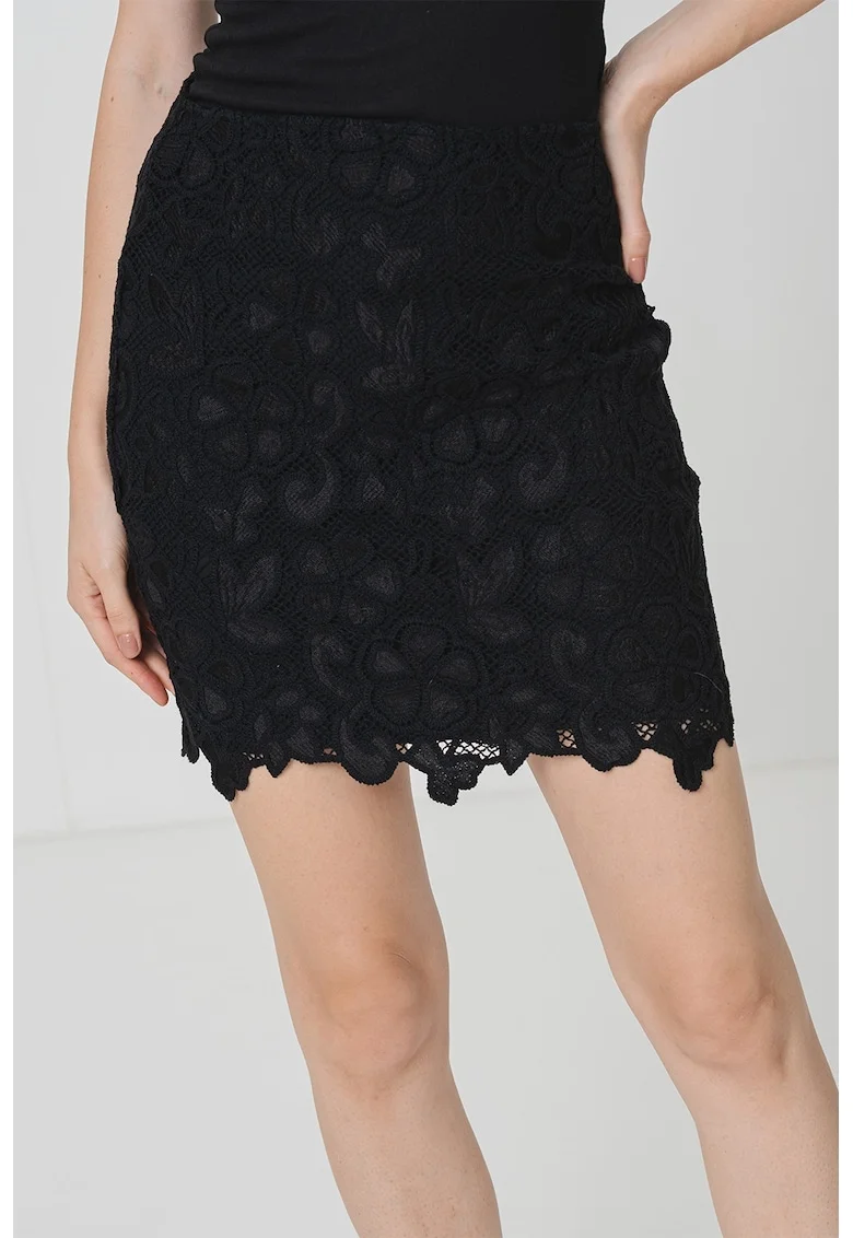 Fusta mini cu dantela si broderie, Negru