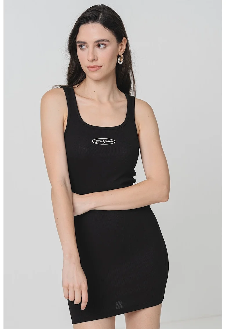 Rochie cambrata cu decolteu la baza gatului, Negru/Alb optic