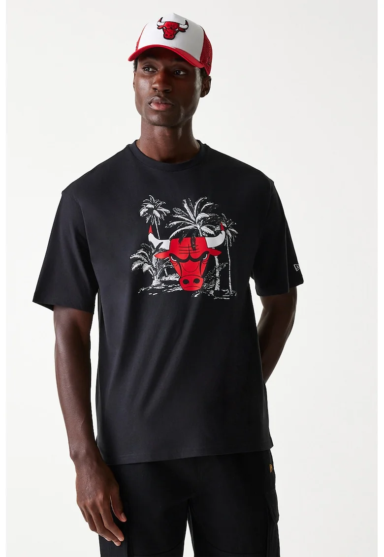 Tricou cu imprimeu grafic si decolteu la baza gatului, Rosu/Negru/Alb murdar