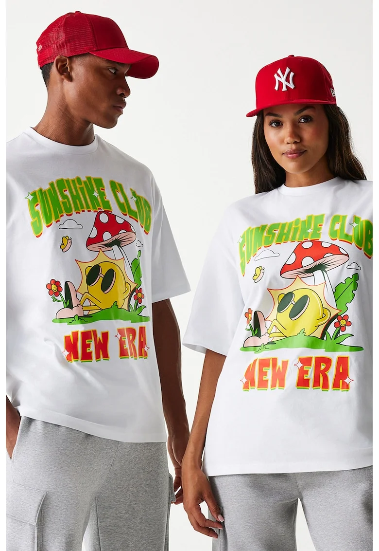 Tricou unisex cu design grafic si decolteu la baza gatului, Alb/Verde/Galben