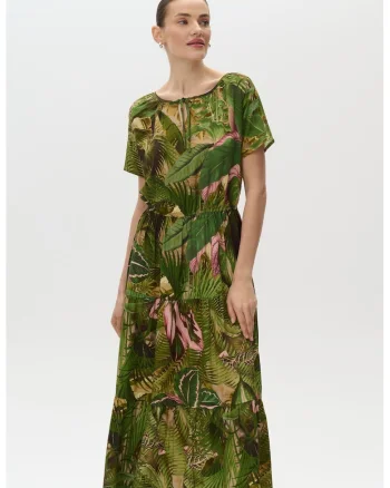 Rochie maxi cu model tropical, Verde