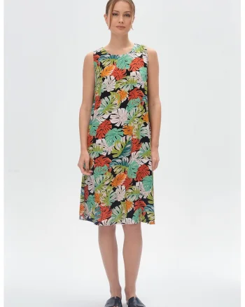 Rochie dreapta cu model, Verde/Negru/Portocaliu