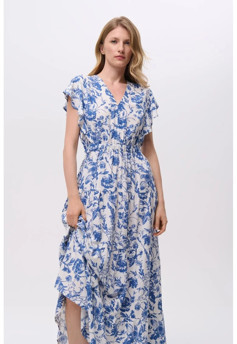 Rochie maxi cu model si decolteu in V, Alb/Albastru
