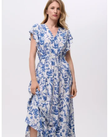 Rochie maxi cu model si decolteu in V, Alb/Albastru