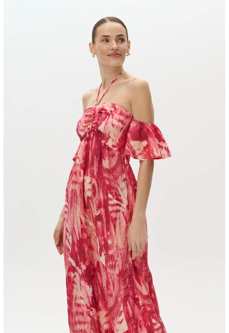 Rochie maxi cu decolteu pe umeri, Rosu/Bej