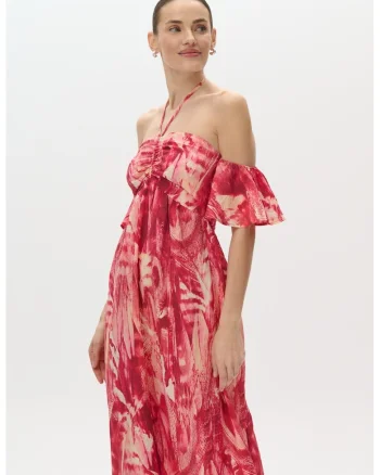 Rochie maxi cu decolteu pe umeri, Rosu/Bej