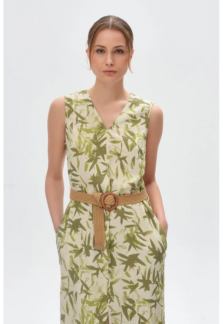 Rochie dreapta din amestec de in cu buzunare laterale, Verde pal