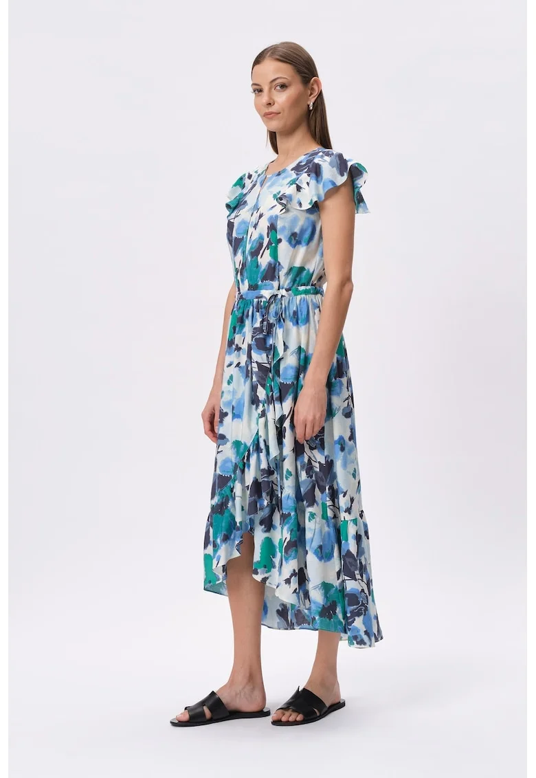 Rochie asimetrica cu model, Alb/Albastru