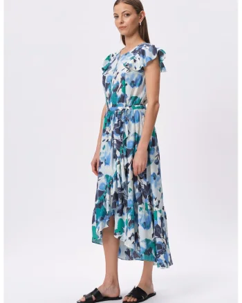 Rochie asimetrica cu model, Alb/Albastru