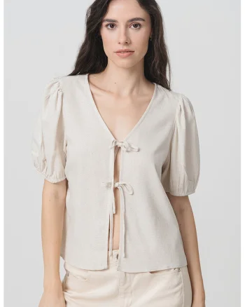 Bluza din amestec de in cu prinderi frontale Frieda, Crem