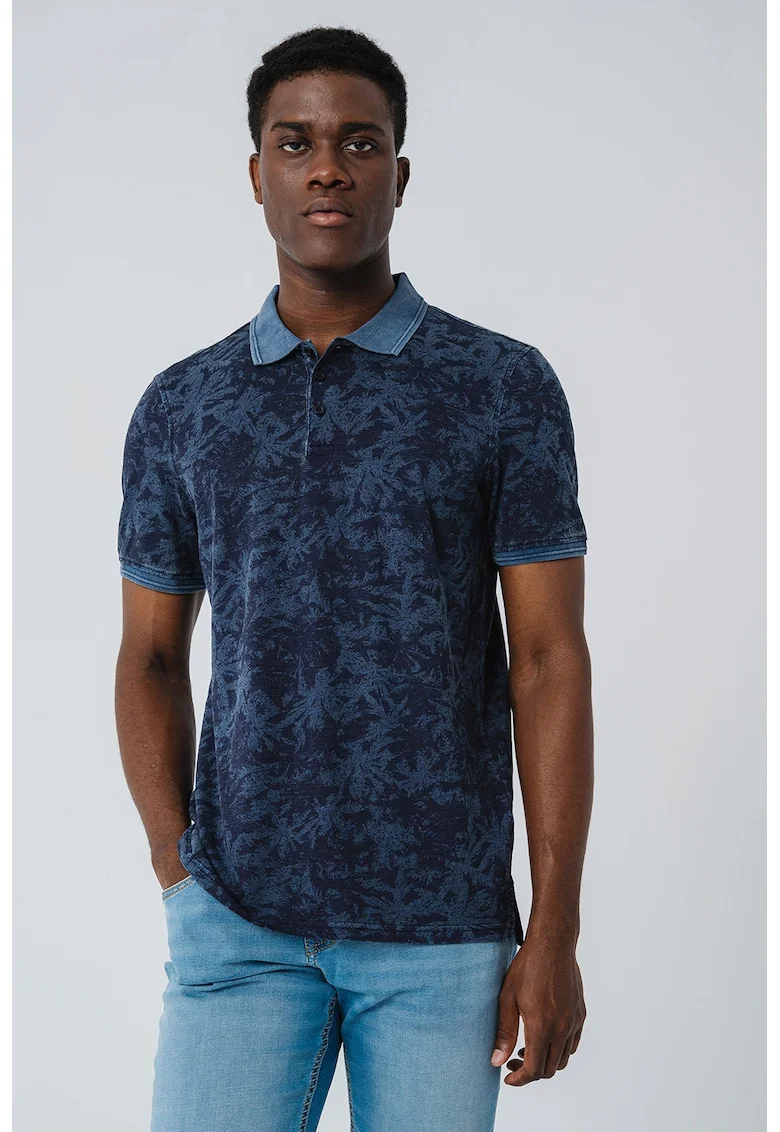 Tricou polo cu imprimeu tropical Palco Palco, Negru stins/Bleumarin