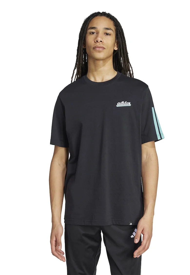 Tricou lejer cu imprimeu logo pe piept, Negru/Turcoaz