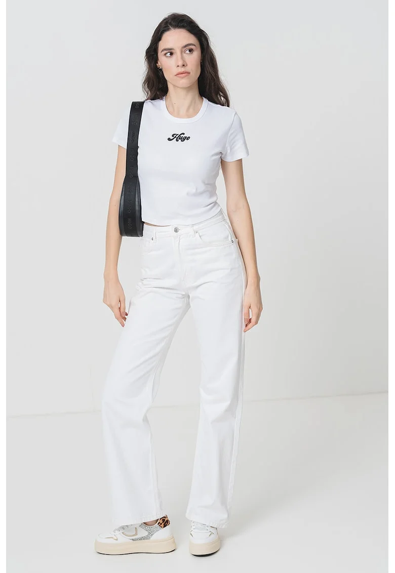 Tricou crop cu imprimeu logo, Negru/Alb optic