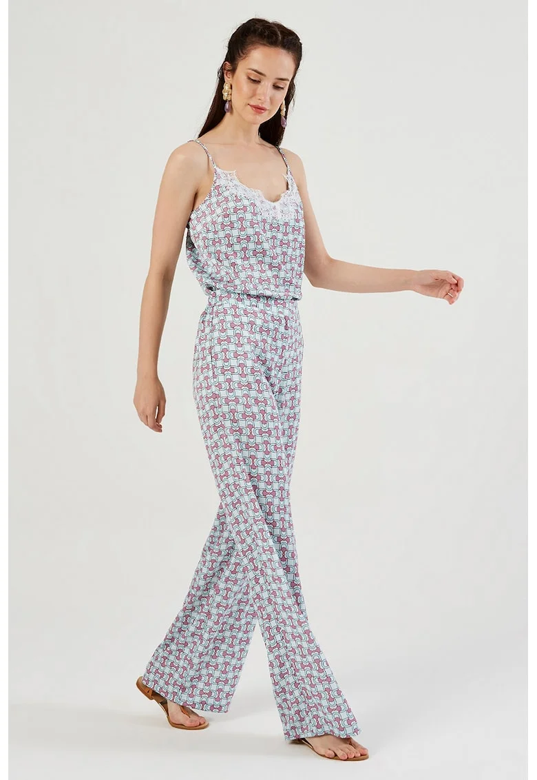 Pantaloni cu croiala ampla si model, Albastru azur/Roz pal