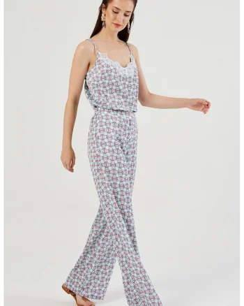 Pantaloni cu croiala ampla si model, Albastru azur/Roz pal