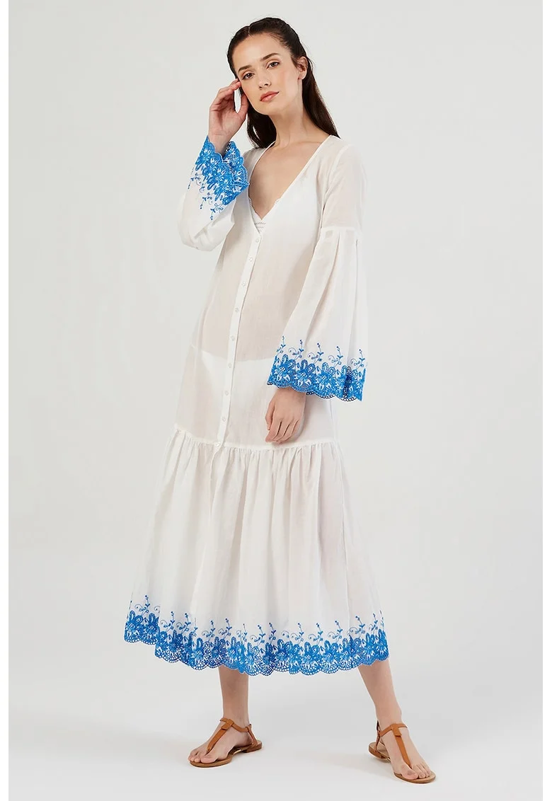 Rochie cu broderie si decolteu in V, Alb/Albastru royal