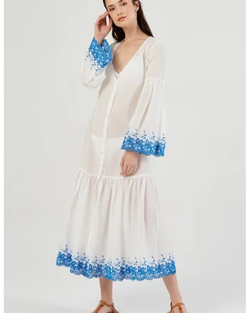 Rochie cu broderie si decolteu in V, Alb/Albastru royal