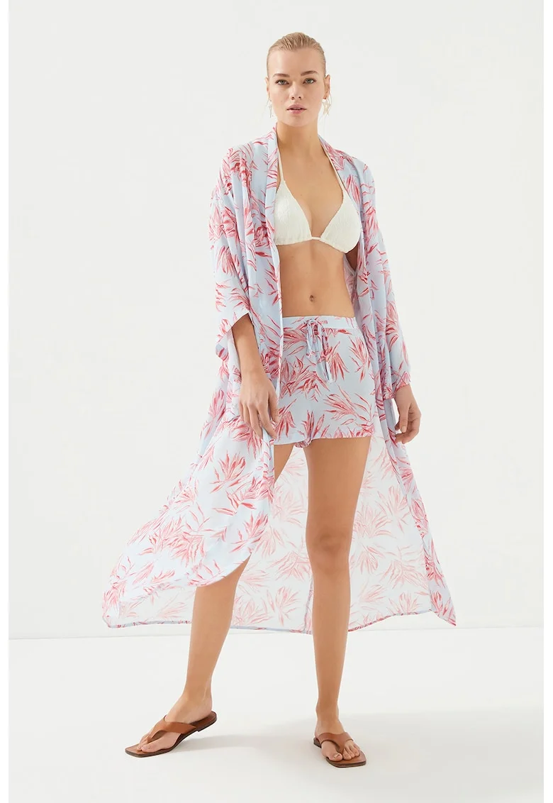 Pantaloni scurti de plaja cu snur si model floral, Visiniu/Albastru azur