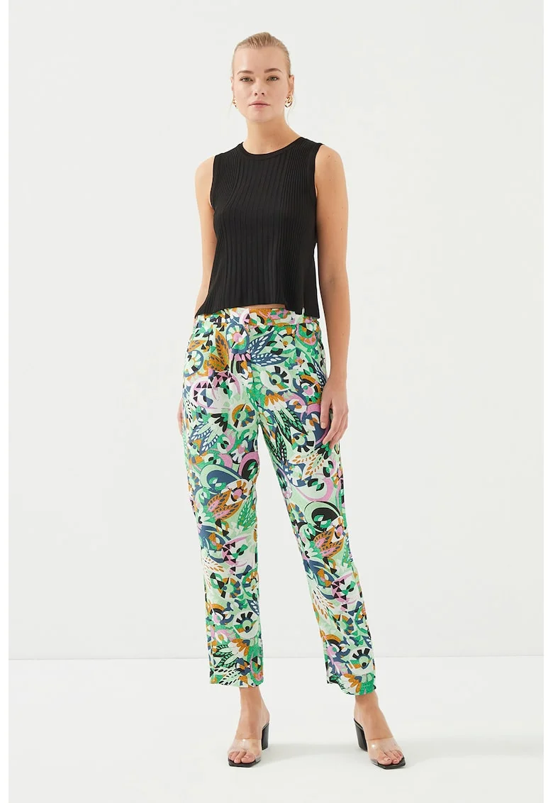 Pantaloni drepti crop cu model, Verde pal