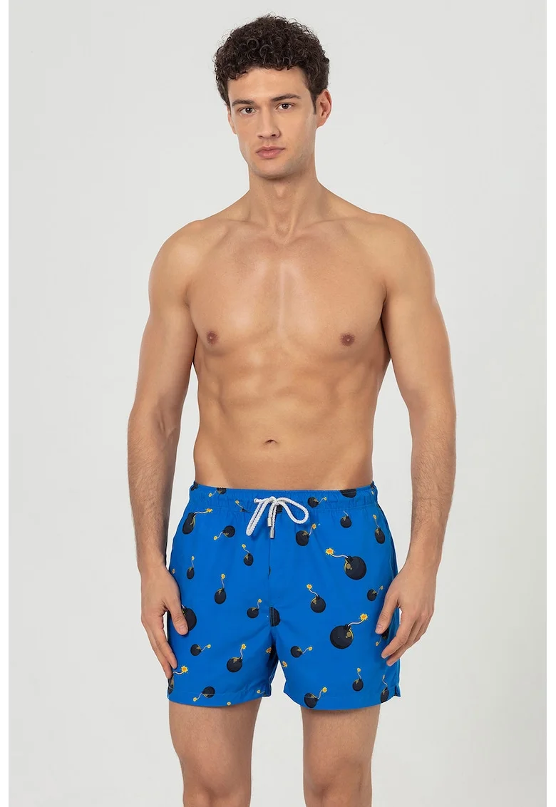 Pantaloni scurti de baie cu buzunare si model, Negru/Albastru royal