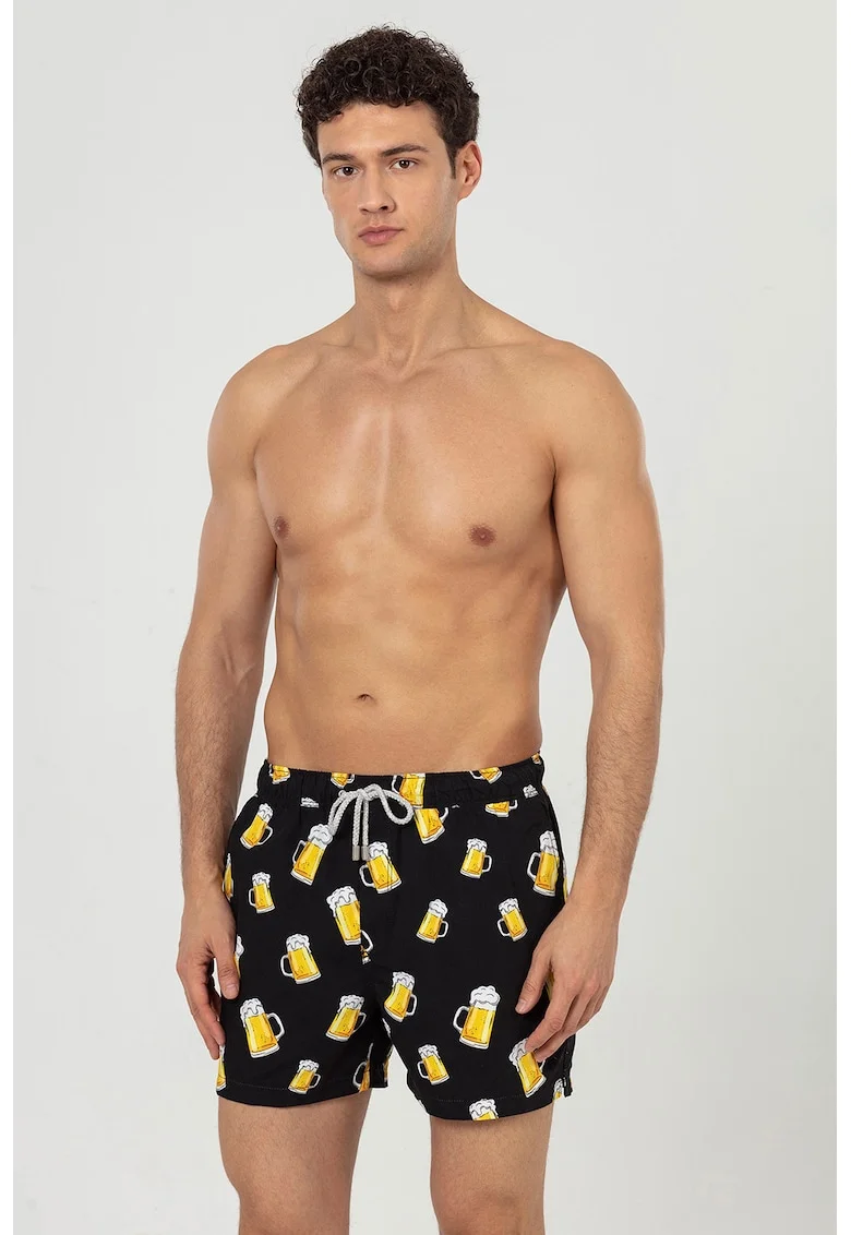 Pantaloni scurti de baie cu buzunare si model, Alb/Negru/Galben sofran