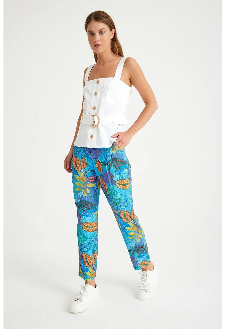 Pantaloni drepti cu talie medie si model, Verde/Portocaliu pal/Albastru royal