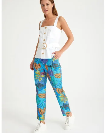 Pantaloni drepti cu talie medie si model, Verde/Portocaliu pal/Albastru royal
