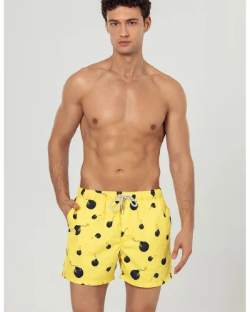 Pantaloni scurti de baie cu buzunare si model, Galben/Negru stins