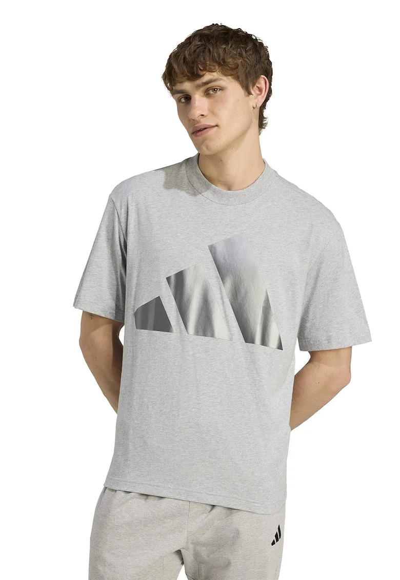 Tricou cu decolteu la baza gatului si imprimeu logo contrastant, Gri deschis melange/Argintiu