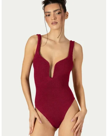 Costum de baie intreg cu decolteu adanc si decupaj pe spate, Rosu inchis