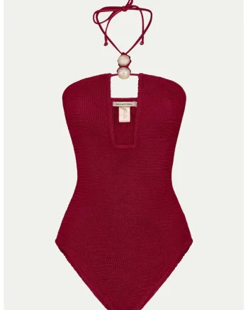 Costum de baie intreg cu decolteu halter, Rosu inchis