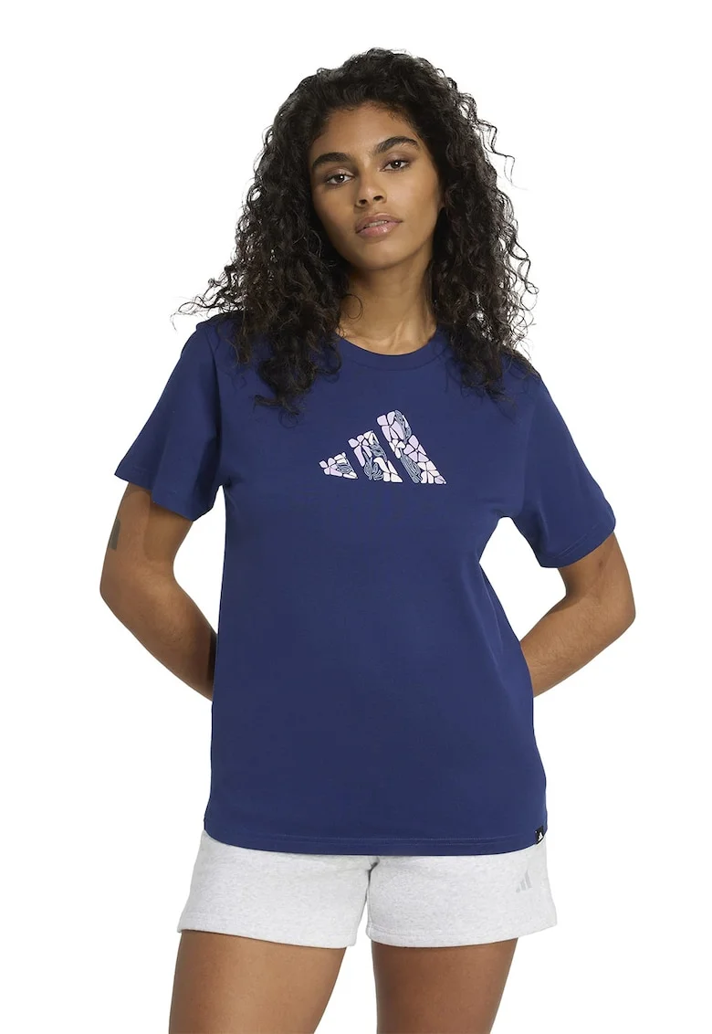 Tricou din bumbac cu imprimeu logo, Albastru inchis/Roz pastel