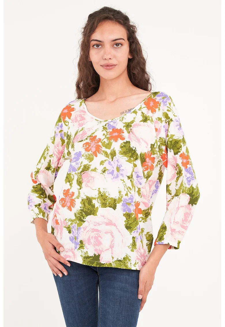 Bluza cu decolteu in V si model floral, Multicolor