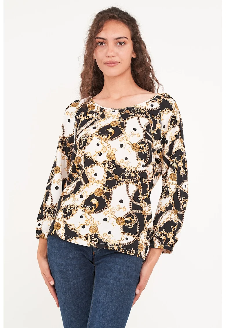 Bluza cu model si decolteu rotund, Alb/Negru/Galben sofran