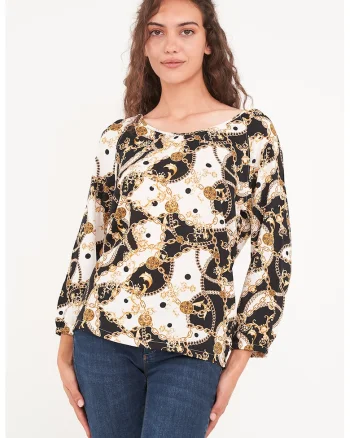 Bluza cu model si decolteu rotund, Alb/Negru/Galben sofran