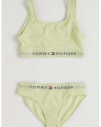 Costum de baie cu doua piese si logo brodat, Galben pal