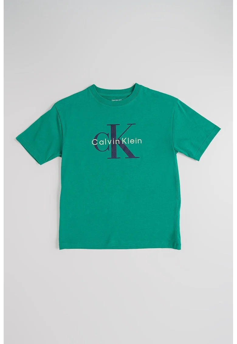 Tricou cu decolteu la baza gatului si logo pe piept, Verde