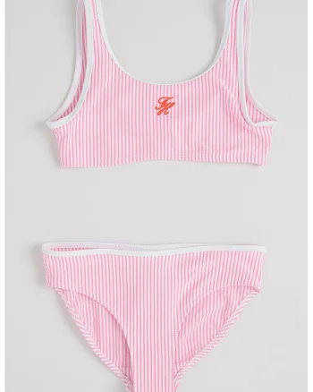 Costum de baie din doua piese cu logo brodat, Roz pastel/Alb optic