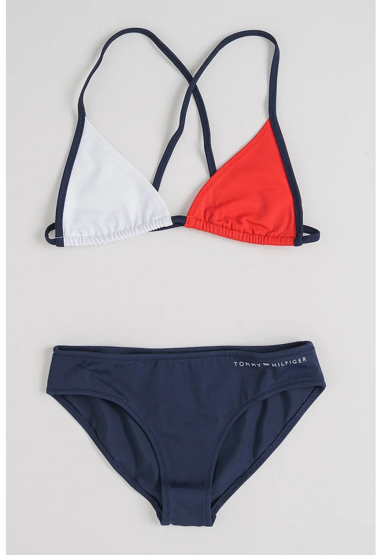 Costum de baie din doua piese cu bretele pe spate, Rosu/Alb optic/Bleumarin