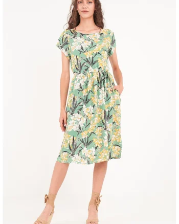 Rochie cu imprimeu, croiala A si buzunare laterale, Verde/Galben
