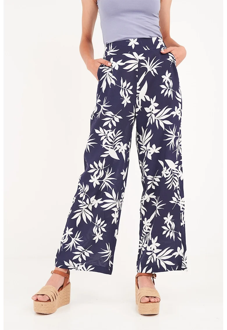 Pantaloni ampli cu model floral si buzunare laterale, Alb/Bleumarin