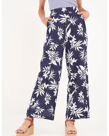 Pantaloni ampli cu model floral si buzunare laterale, Alb/Bleumarin