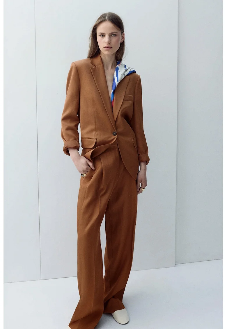 Sacou din amestec de in cu revere decupate, Caramel