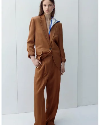 Sacou din amestec de in cu revere decupate, Caramel