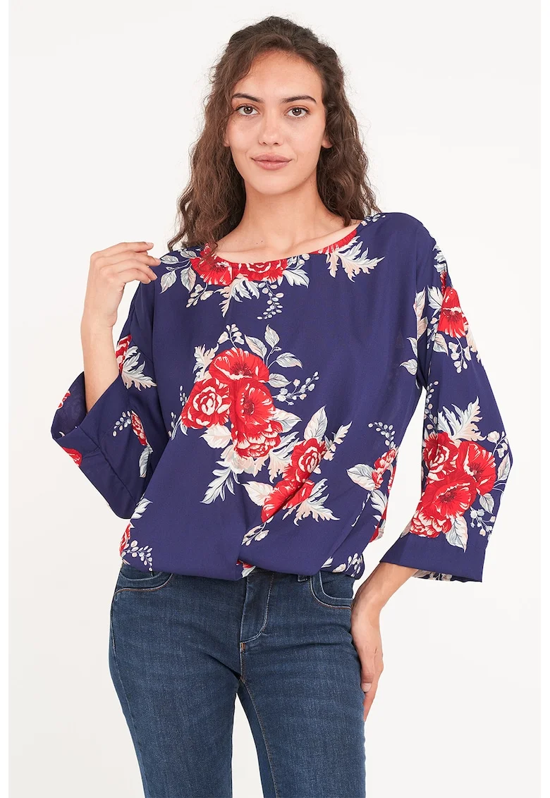 Bluza vaporoasa cu model floral, Verde/Bleumarin