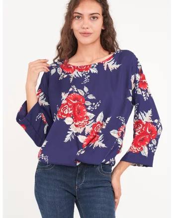 Bluza vaporoasa cu model floral, Verde/Bleumarin