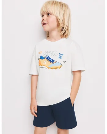 Tricou cu decolteu la baza gatului si imprimeu grafic, Alb optic